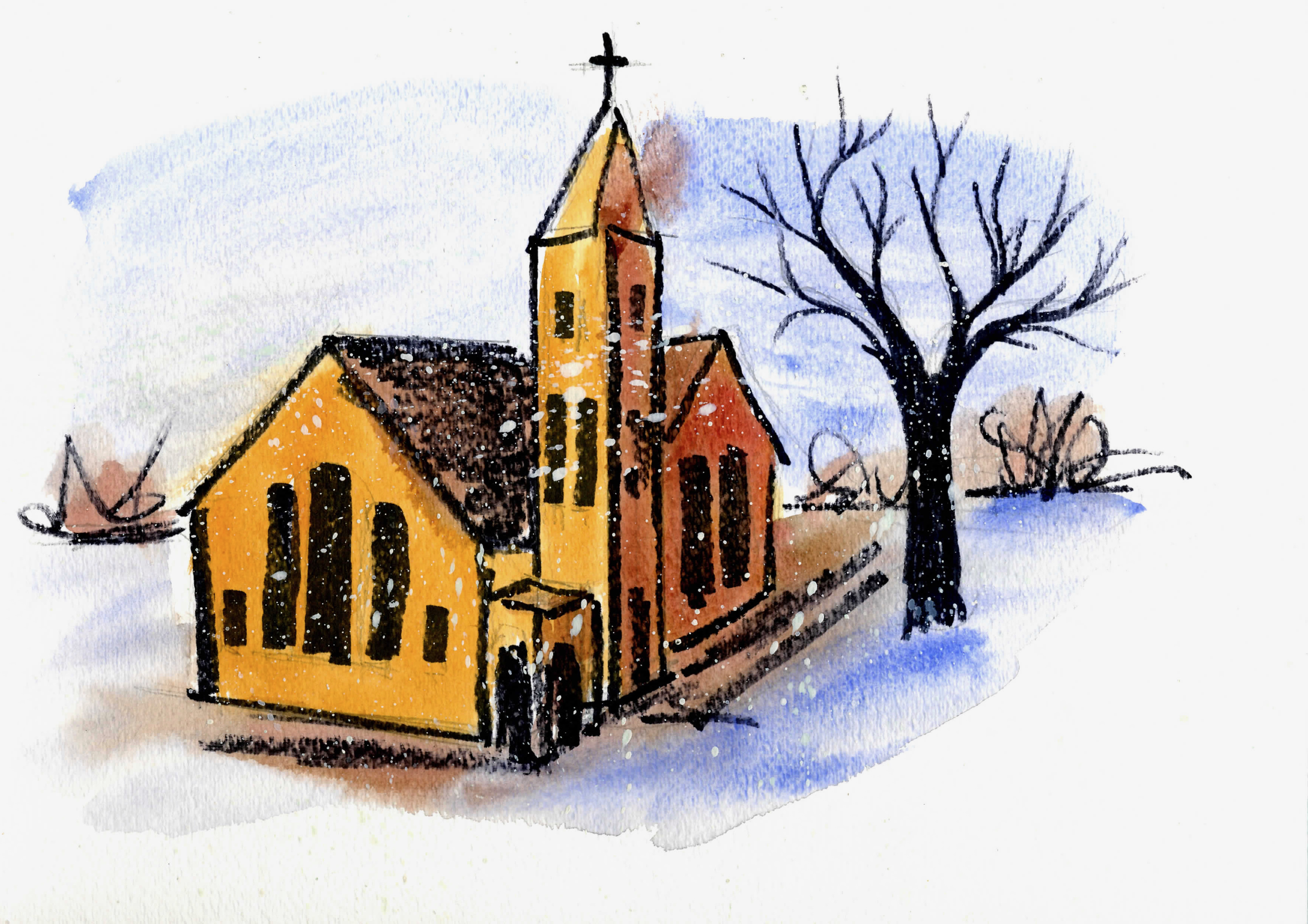 A picturesque church in the snow with trees in the background. Watercolor.