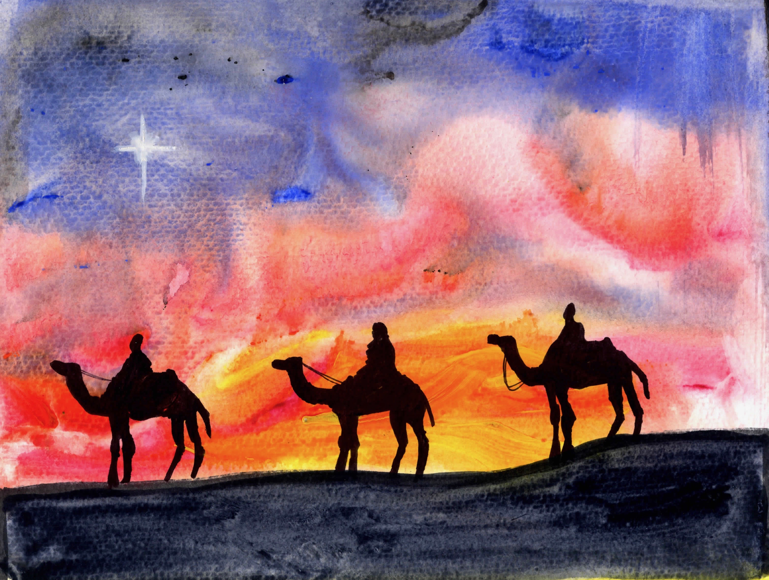 Three wise men on camels, walking along against a magnificently colored sky.