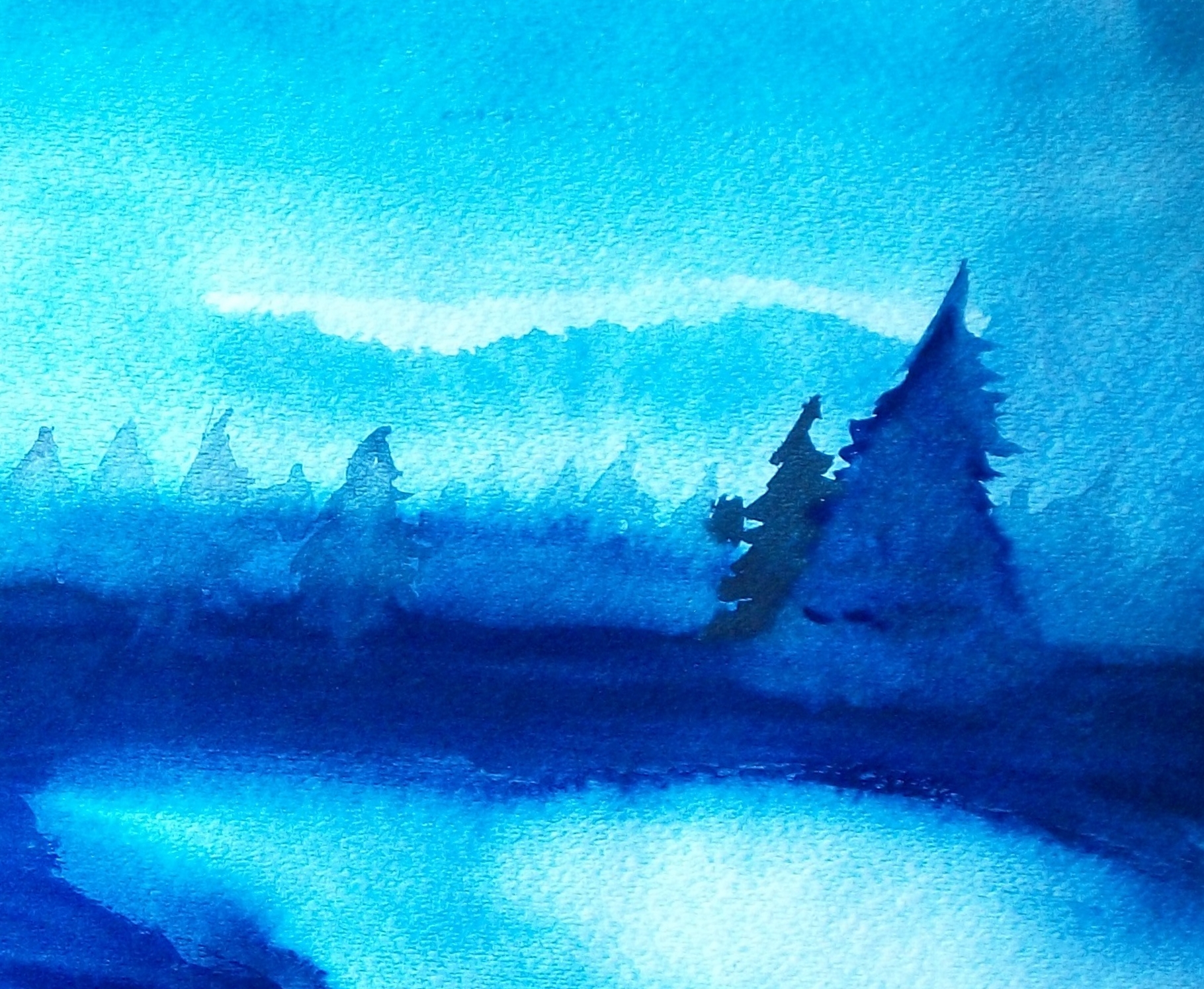 A blue watercolor with some evergreen trees.