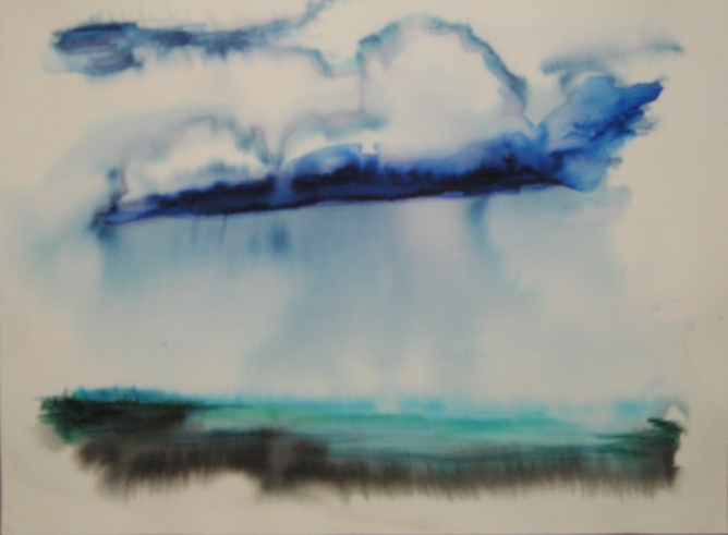 Watercolor with evocative clouds over a span of water.