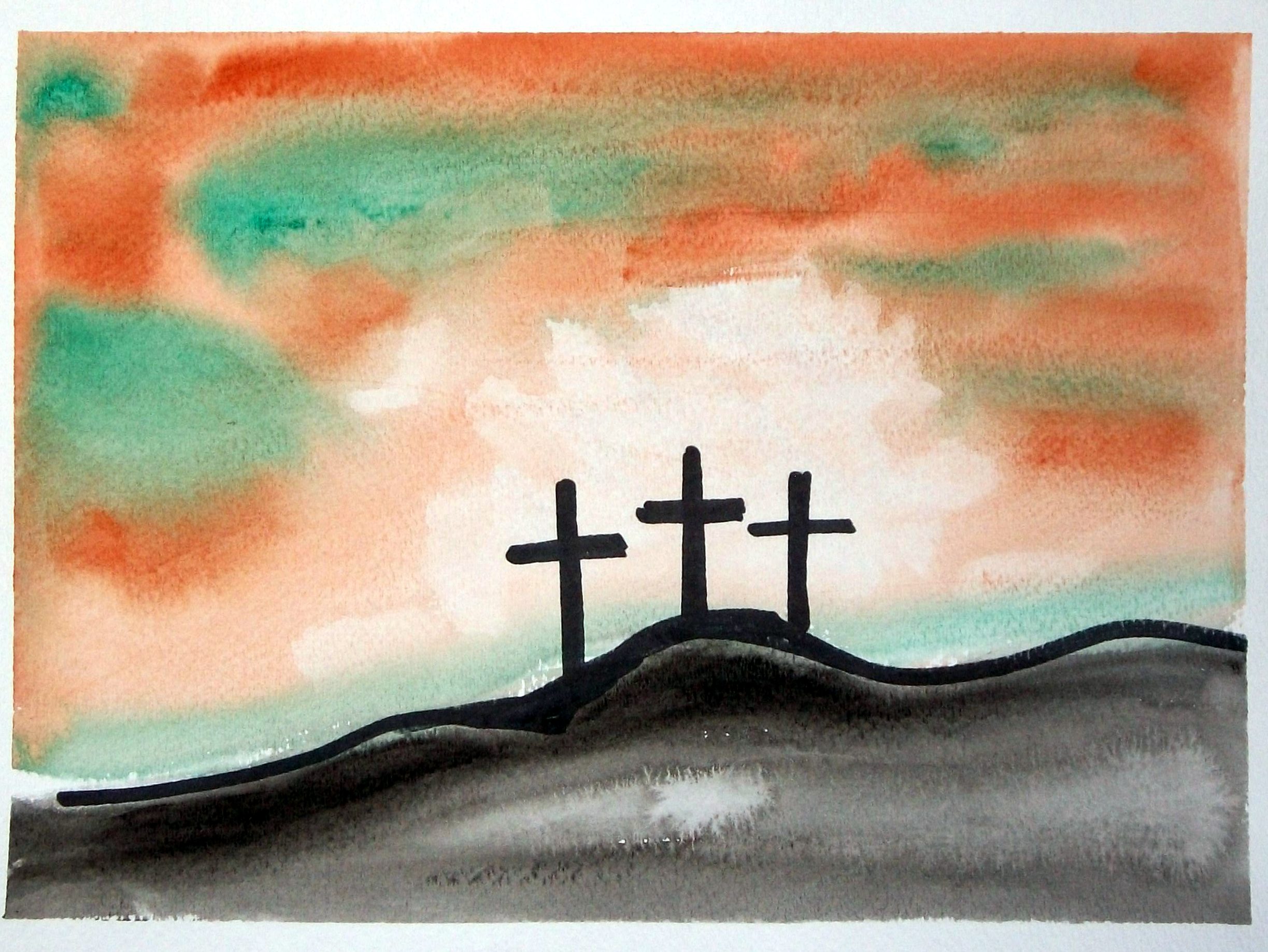 Three crosses on a hill, in watercolor